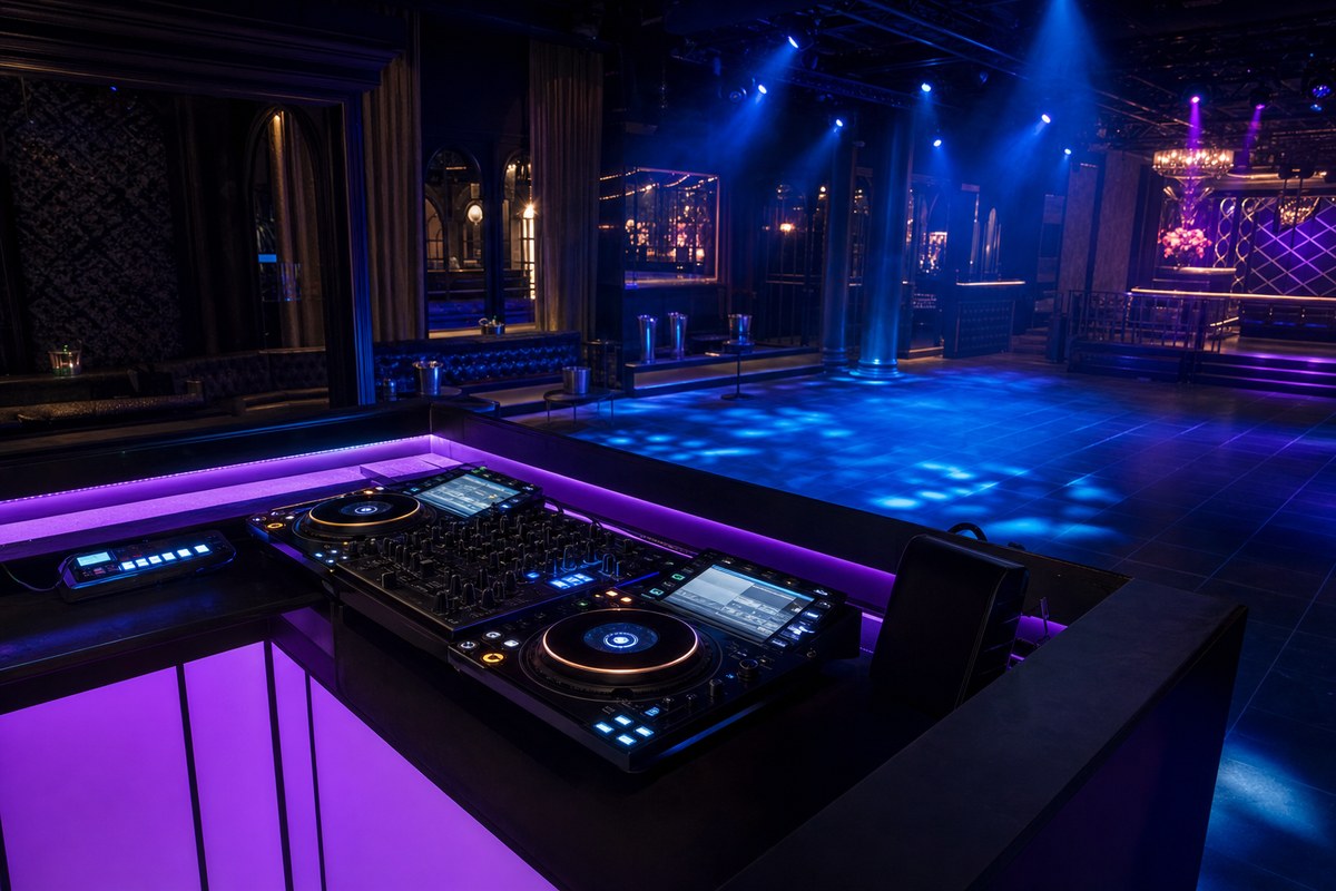 DJ booth at Aprés Lounge